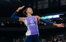 LOVB Austin pro volleyball player Juliann Faucette prepares to hit the ball during a match