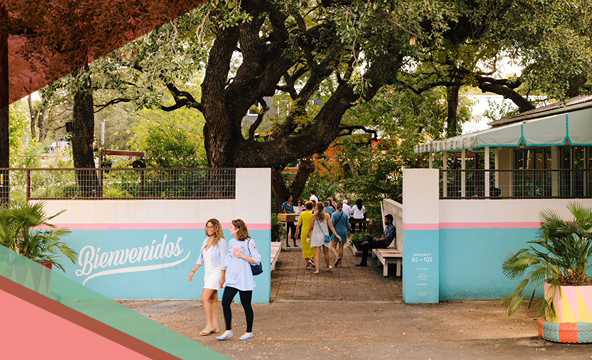 Two women leave a courtyard patio as other diners gather at Fresa’s South First in Austin