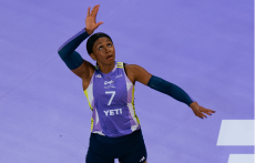 LOVB Austin pro volleyball player Juliann Faucette prepares to hit the ball during a match
