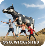 Three kids jumping in the air with their arms and legs extended in front of a statue of a cow, with overlay text that reads: @so.wickesited