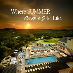 Aerial view of Omni Barton Creek Resort & Spa's luxurious outdoor pool area and championship golf course in Austin, Texas 