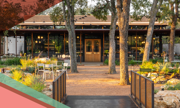Tree-lined entrance to Leona Botanical Café & Bar, a garden retreat with restaurants in South Austin, Texas 