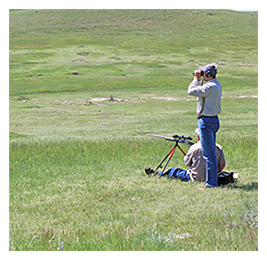 Two men in a grassy landscape looking through binoculars