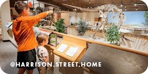 Two young boys looking at pointing at an exhibit of a dinosaur skeleton in a museum, with overlay text that reads: @harrison.street.home