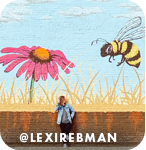 Woman posing in front of a mural of a pink flower and honey bee, with overlay text that reads: @lexirebman