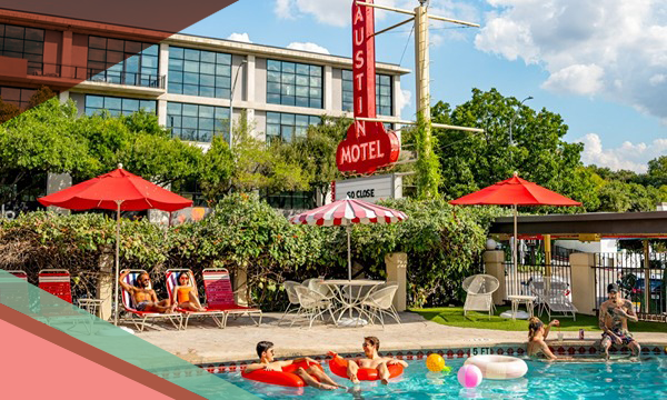 Guests lounge poolside and float on inner tubes in the pool at the retro Austin Motel on South Congress Avenue in Austin, Texas