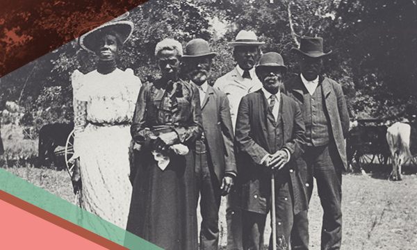 Two women and four men gathered for an Emancipation Day celebration, known as Juneteenth, in Austin, Texas, on June 19, 1900. 