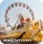 Two kids in a carnival airplane ride with a ferris wheel in the background, with overlay text that reads: @ems_taylor93