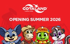 Poster with cartoon characters promoting COTALAND, a new theme park at the Circuit of the Americas in Austin, Texas.