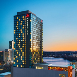 xterior view of the Austin Marriott Downtown overlooking Lady Bird Lake in Austin, Texas