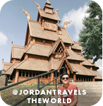 Woman posing in front of a pagoda-style building, with overlay text that reads: @jordantravelstheworld