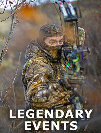 Man wearing camouflage standing in a wooded area and aiming a crossbow, with overlay text that reads: Legendary Events