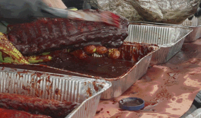 GIF of rotating clips featuring barbecue ribs, food festivals, fair food and a farmers market