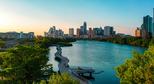 Skyline view of downtown Austin, Texas, from the Hike-and-Bike Trail boardwalk on Lady Bird Lake
