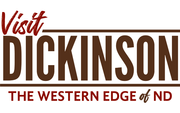 Logo in red and brown front that reads: Visit Dickinson The Western Edge of ND