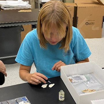 Blonde woman sits at a table, labeling cleaned artifacts.