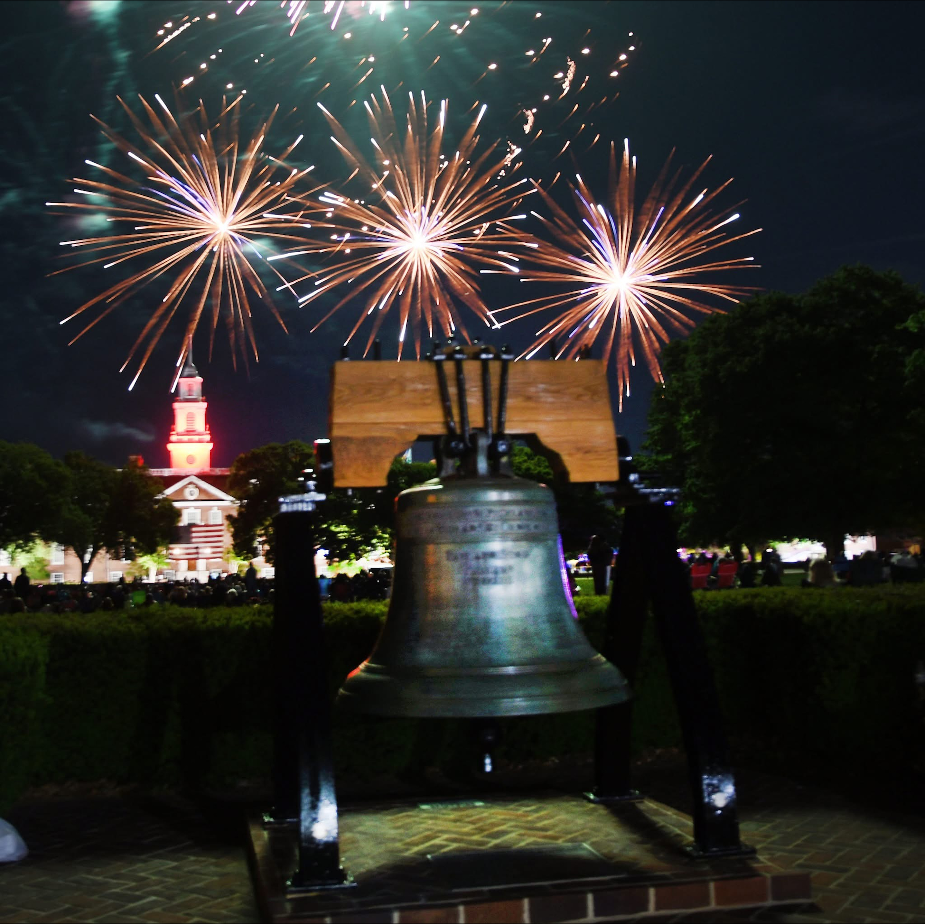 Fireworks explode above newly refurbished Liberty Bell.