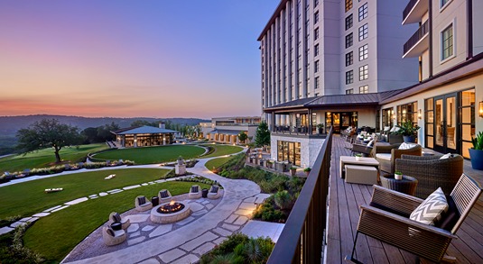 Outdoor seating areas with scenic Hill Country views at the luxurious Omni Barton Creek Resort & Spa in Austin, Texas