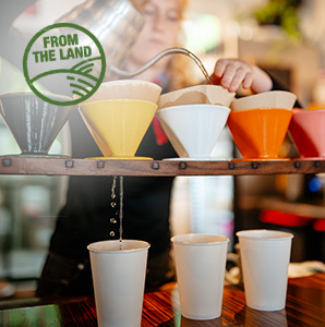 A barista fixing three cups of pour-over coffee 