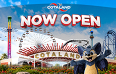 Illustration with theme park rides and a cartoon character to promote the opening of COTALAND in Austin, Texas