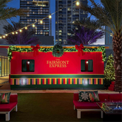 The Fairmont Express, a holiday train car installation on the seventh-floor rooftop of the Fairmont Austin in Austin, Texas