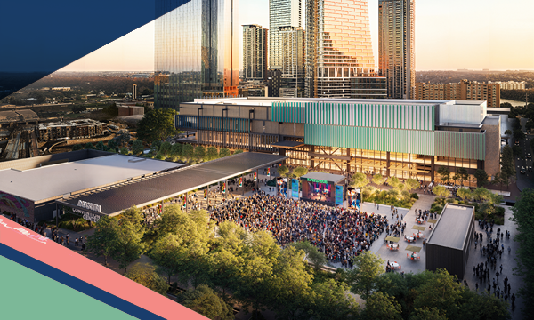 Architectural rendering of the exterior of the redeveloped Austin Convention Center under construction in Austin, Texas