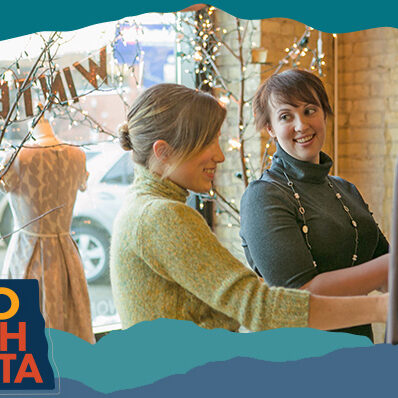 Two women looking at clothes in a store, with overlay text that reads: Hello North Dakota