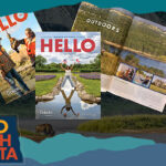 Collage of three travel guides over a backdrop of mountains and a bison, with overlay text that reads: Hello North Dakota