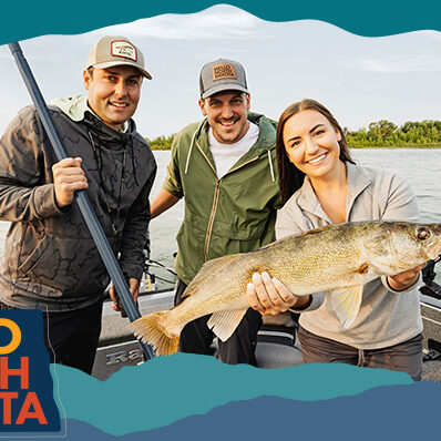 Two men and a woman on a fishing boat holding a large fish with water in the background, with overlay text that reads: Hello North Dakota
