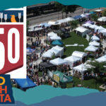 Aerial view of an outdoor event with crowds of people and tents, with an overlay illustration that says "250" and text that reads: Hello North Dakota