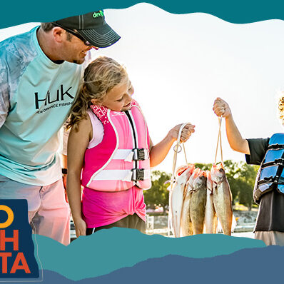 A man and a young girl and boy smiling and holding up caught fish, with overlay text that reads: Hello North Dakota