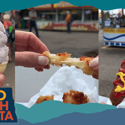 Trio of images of an ice cream cone, fried food at a fair and a hot dog on a stick, with overlay text that reads: Hello North Dakota
