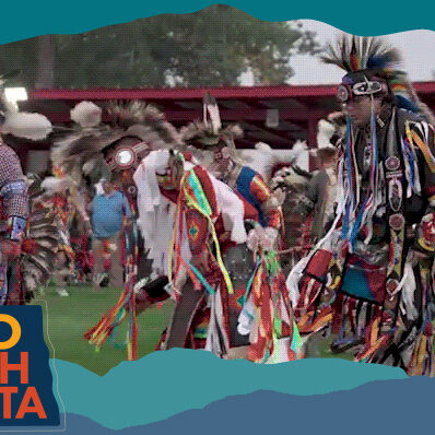 Indigenous people performing at a powwow in North Dakota, with overlay text that reads: Hello North Dakota