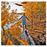 Man walking on a fallen tree log by a body of water, surrounded by trees with bright orange leaves