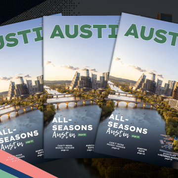 Three copies of the official 2026/2027 Austin Visitor Guide featuring the Downtown Austin, Texas skyline over Lady Bird Lake