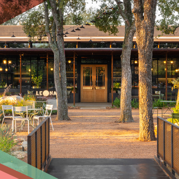 Entrance to Leona Botanical Café & Bar, a garden retreat and restaurants on five acres in Sunset Valley in South Austin, Texas